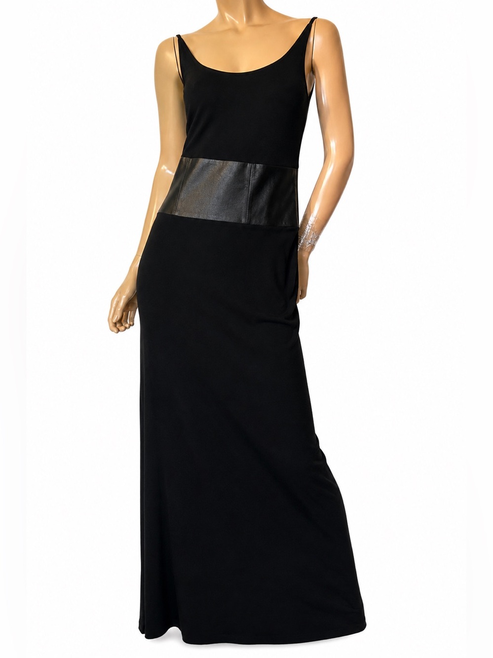 Rimini Black Maxi Dress Genuine Leather Waist Panel- Size 10